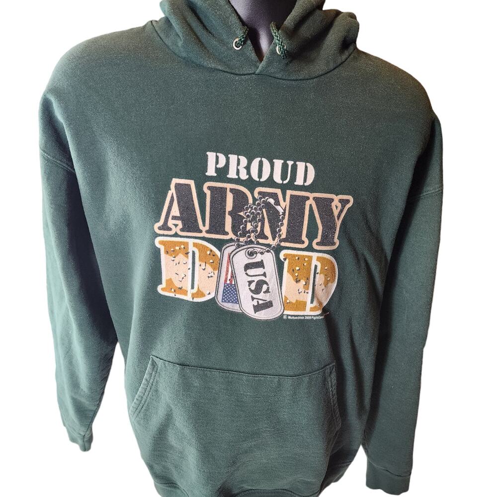 Proud Army Dad USA Mens XL Green Military Sweatshirt Patriotic Kangaroo Pocket